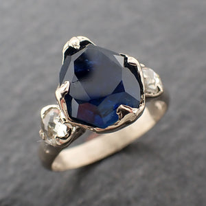 Partially faceted blue Sapphire and fancy Diamonds 18k White Gold Engagement Wedding Ring Custom Gemstone Ring Multi stone Ring 2409