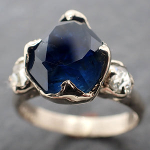 Partially faceted blue Sapphire and fancy Diamonds 18k White Gold Engagement Wedding Ring Custom Gemstone Ring Multi stone Ring 2409