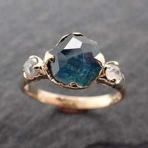 Partially faceted blue Montana Sapphire and fancy Diamonds 14k  Gold Engagement Wedding Ring Custom Gemstone Ring Multi stone Ring 2412
