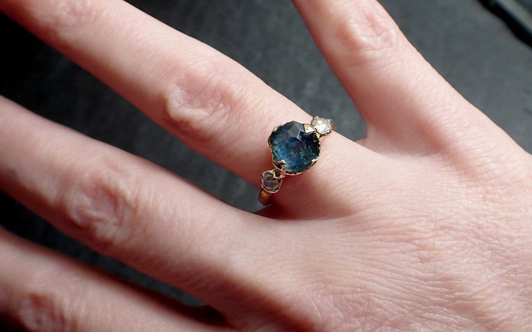 partially faceted blue montana sapphire and fancy diamonds 14k gold engagement wedding ring custom gemstone ring multi stone ring 2412 Alternative Engagement