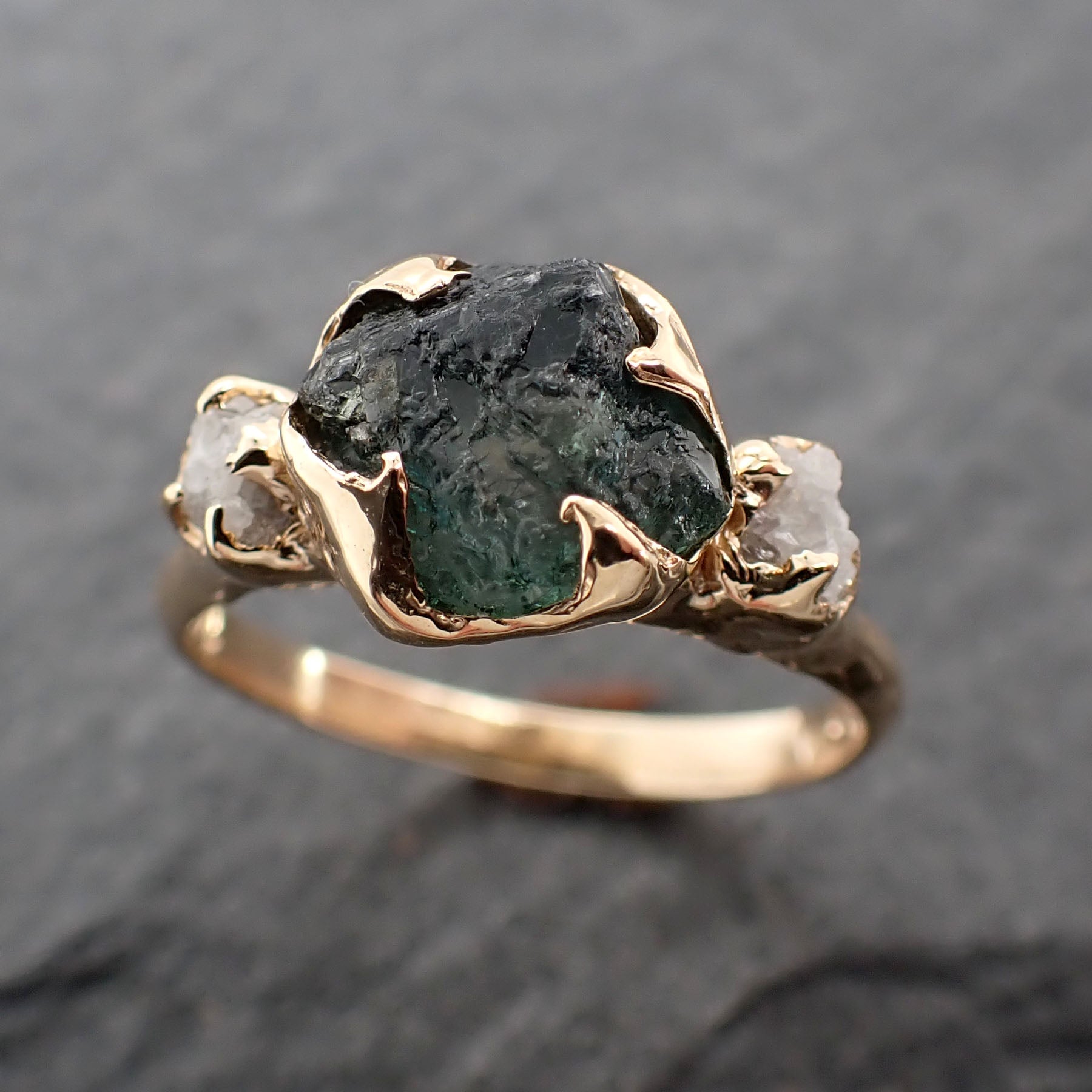 Raw blue-green Montana Sapphire Diamond 14k Gold Engagement Wedding Ring Custom One Of a Kind Gemstone Multi stone Ring 2413