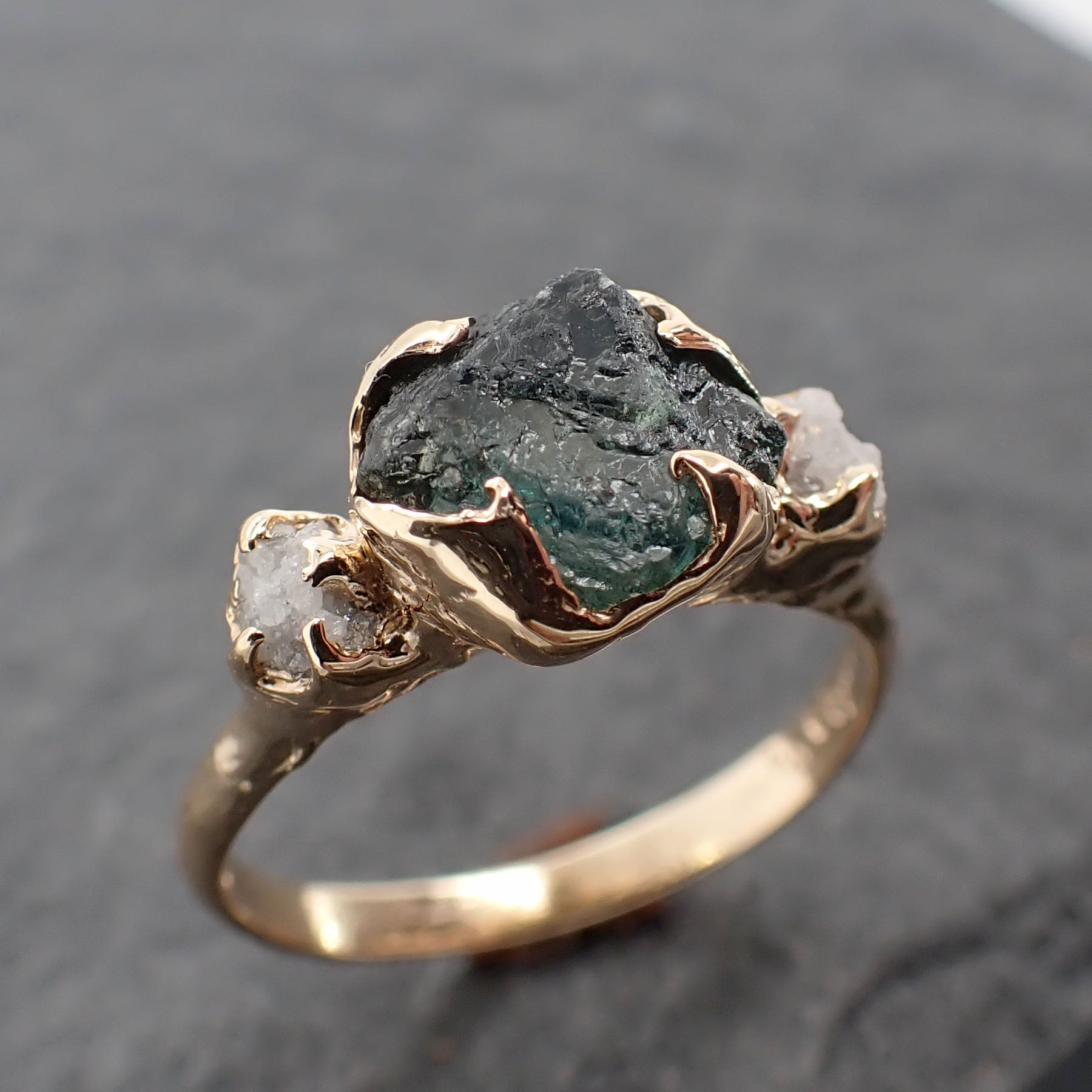 raw blue-green montana sapphire diamond 14k gold engagement wedding ring custom one of a kind gemstone multi stone ring 2413 Alternative Engagement