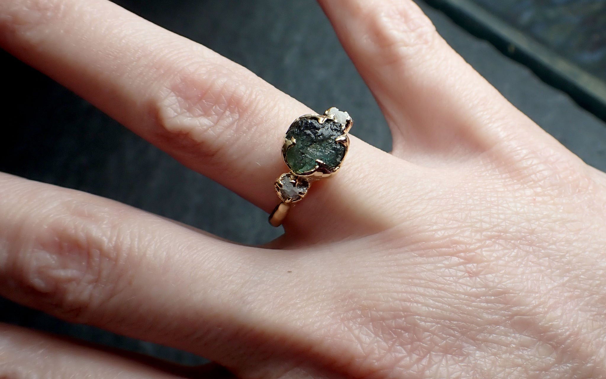 Raw blue-green Montana Sapphire Diamond 14k Gold Engagement Wedding Ring Custom One Of a Kind Gemstone Multi stone Ring 2413