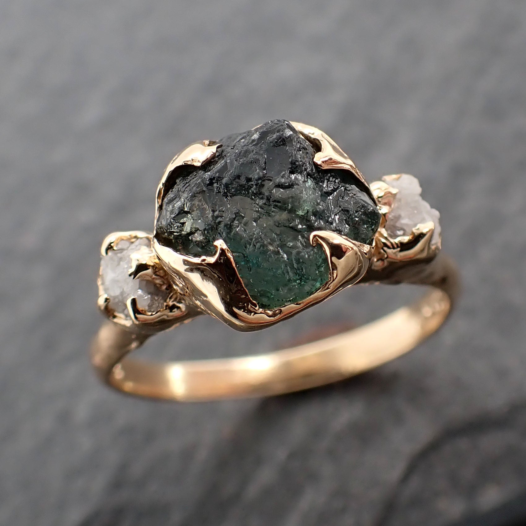 raw blue-green montana sapphire diamond 14k gold engagement wedding ring custom one of a kind gemstone multi stone ring 2413 Alternative Engagement