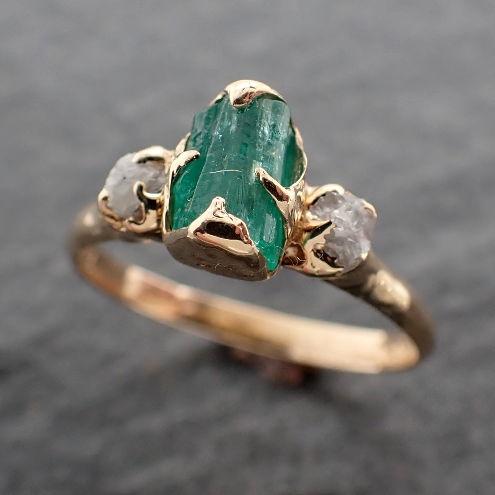 three raw stone diamond and emerald engagement ring 18k gold multi stone wedding ring uncut birthstone stacking ring rough diamond ring 2417 Alternative Engagement