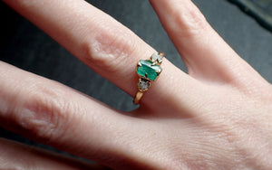 three raw stone diamond and emerald engagement ring 18k gold multi stone wedding ring uncut birthstone stacking ring rough diamond ring 2417 Alternative Engagement