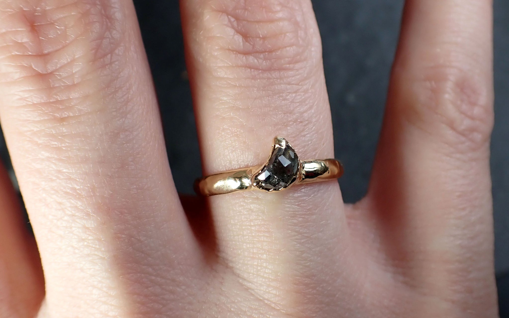 Fancy cut salt and pepper Half moon Diamond Engagement 18k Yellow Gold Solitaire Wedding Ring Diamond Ring byAngeline 2814