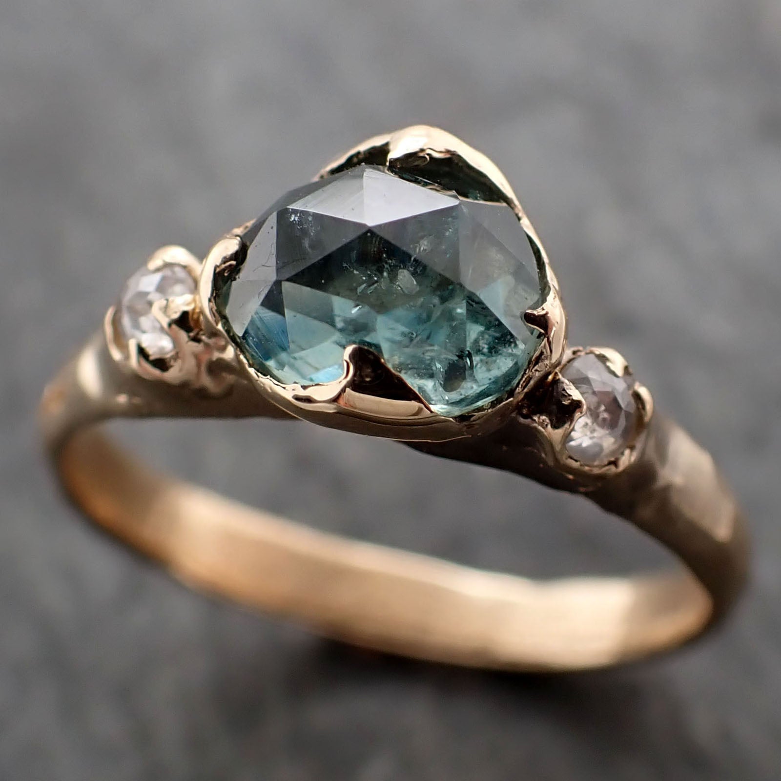 Fancy cut blue-green Montana Sapphire and fancy cut Diamonds 18k Yellow Gold Engagement Wedding Ring Gemstone Ring Multi stone Ring 2813