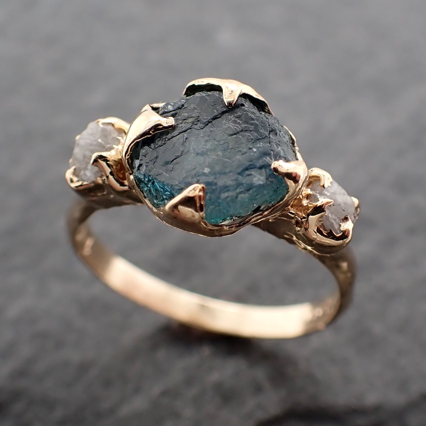 Raw blue Montana Sapphire Diamond 14k Gold Engagement Wedding Ring Custom One Of a Kind Gemstone Multi stone Ring 2423