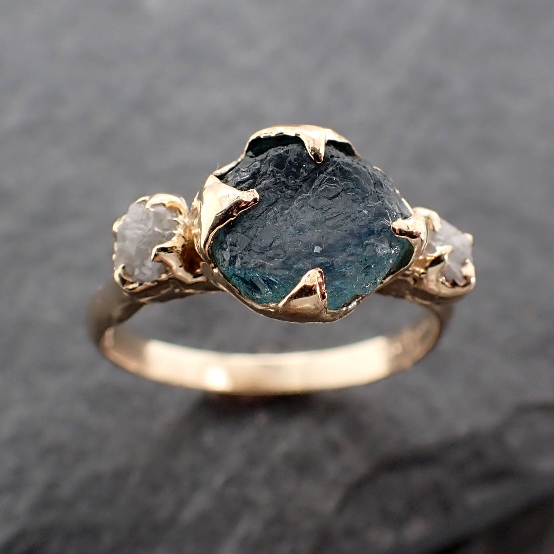 Raw blue Montana Sapphire Diamond 14k Gold Engagement Wedding Ring Custom One Of a Kind Gemstone Multi stone Ring 2423