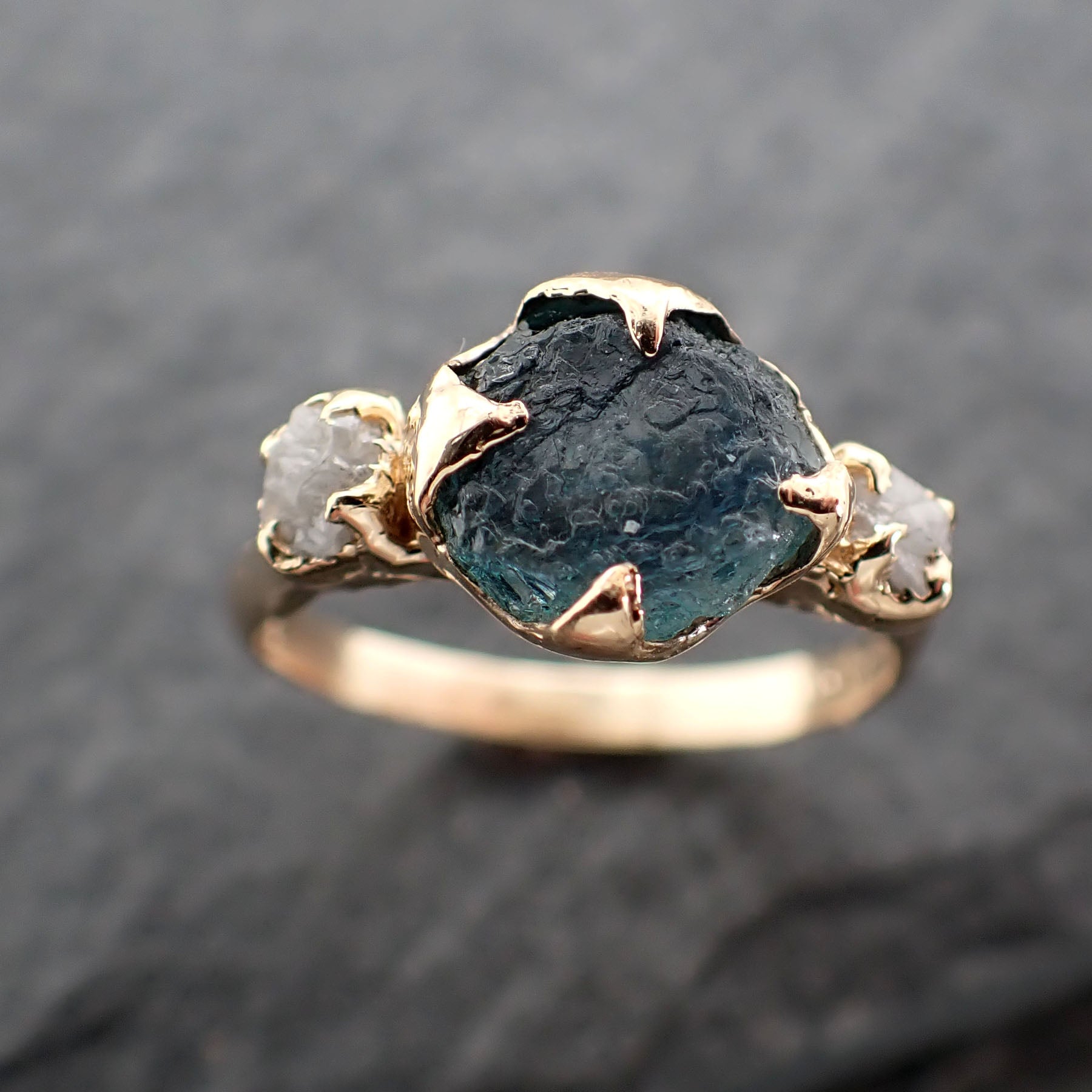 raw blue montana sapphire diamond 14k gold engagement wedding ring custom one of a kind gemstone multi stone ring 2423 Alternative Engagement