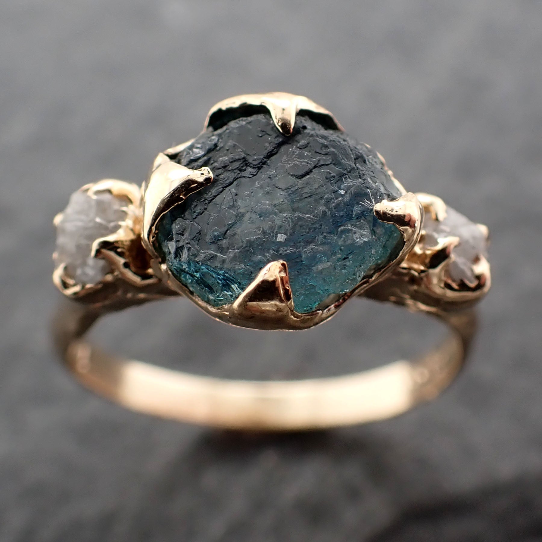 raw blue montana sapphire diamond 14k gold engagement wedding ring custom one of a kind gemstone multi stone ring 2423 Alternative Engagement