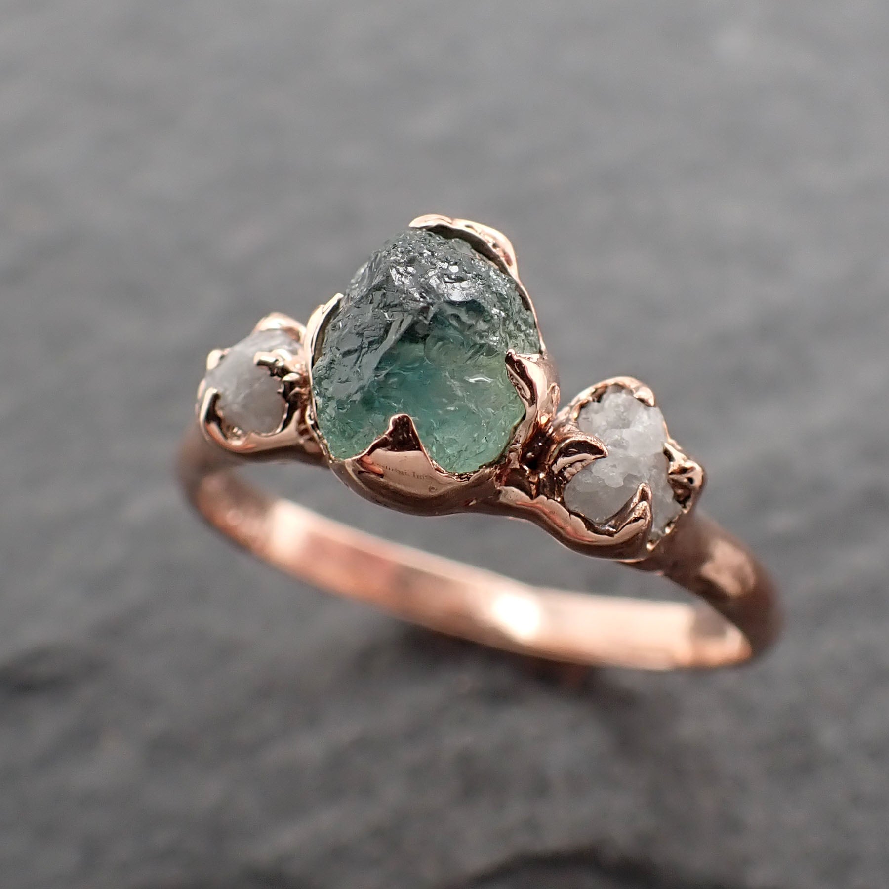 Raw blue-green Sapphire Diamond Rose Gold Engagement Ring Wedding Ring Custom One Of a Kind Gemstone Multi stone Ring 2428