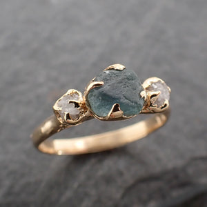 Raw blue Sapphire rough  Diamond 14k Gold Engagement Ring Wedding Ring Custom One Of a Kind Gemstone Ring Three stone  byAngeline 2425