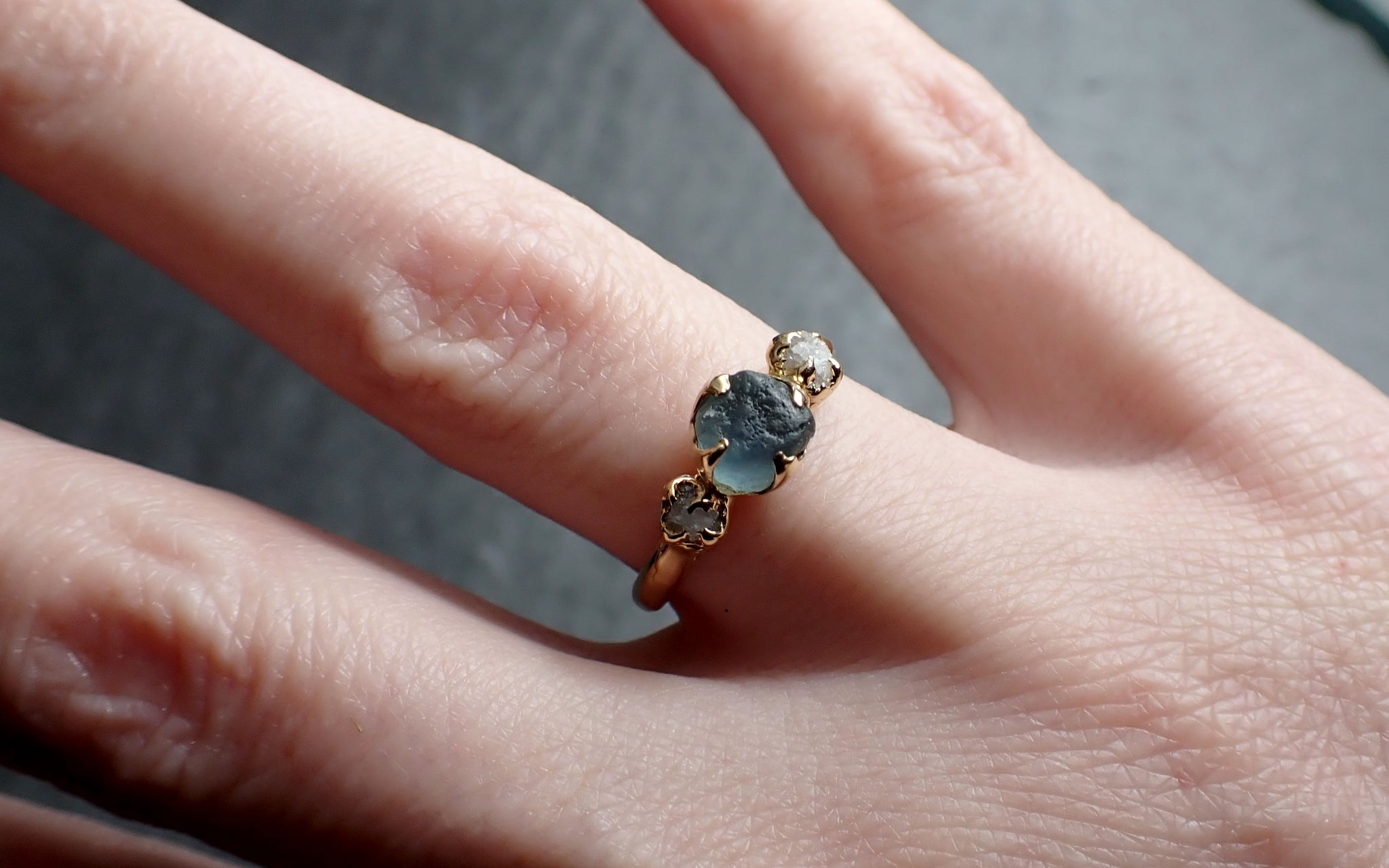 Raw blue Sapphire rough  Diamond 14k Gold Engagement Ring Wedding Ring Custom One Of a Kind Gemstone Ring Three stone  byAngeline 2425