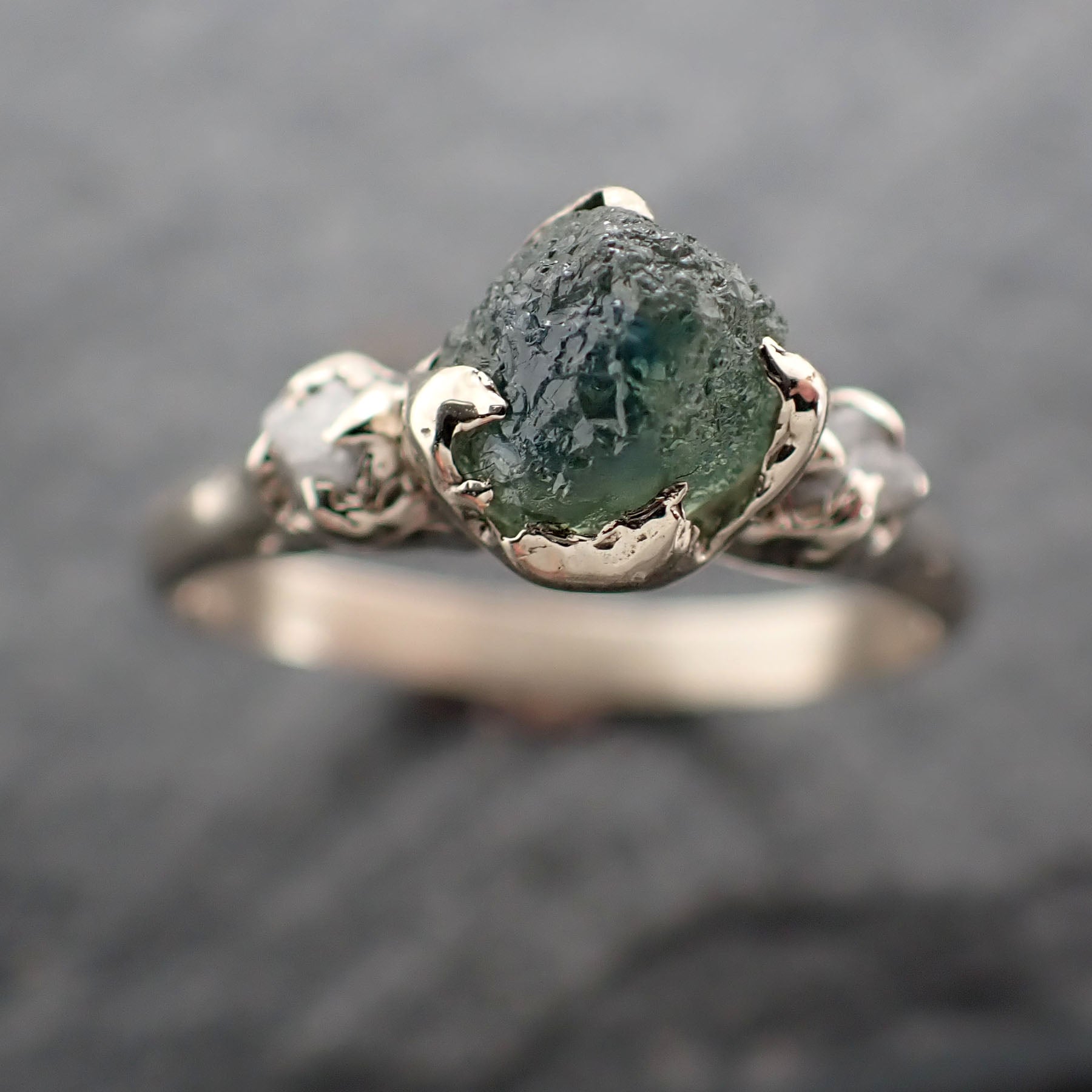 Raw blue green Montana Sapphire Diamond White 14k Gold Engagement Wedding Ring Custom One Of a Kind Gemstone Multi stone Ring 2431