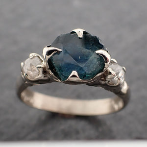 Partially faceted Montana Sapphire Diamond 14k White Gold Engagement Ring Wedding Ring Custom blue Gemstone Ring Multi stone Ring 2435
