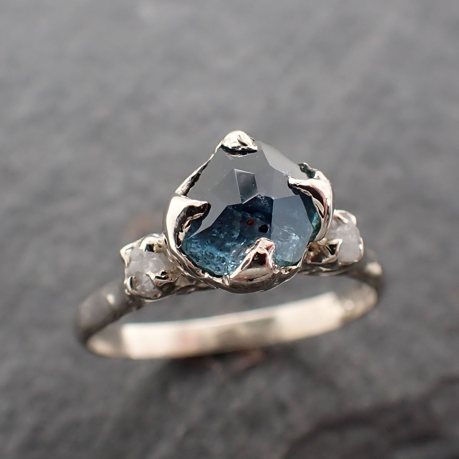 Partially faceted Montana Sapphire Diamond 14k White Gold Engagement Ring Wedding Ring Custom blue Gemstone Ring Multi stone Ring 2436