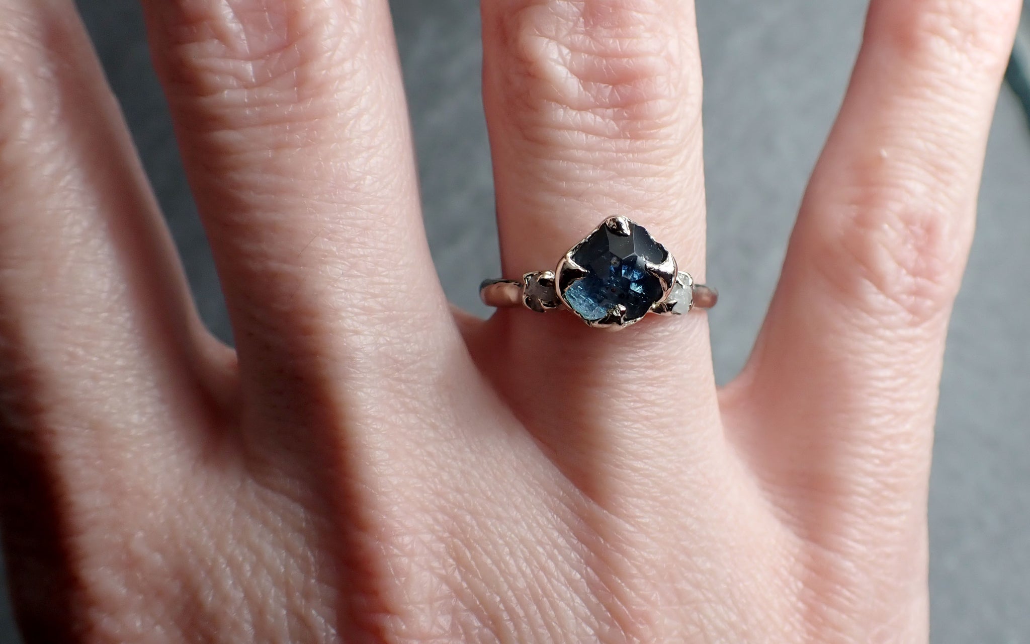 partially faceted montana sapphire diamond 14k white gold engagement ring wedding ring custom blue gemstone ring multi stone ring 2436 Alternative Engagement