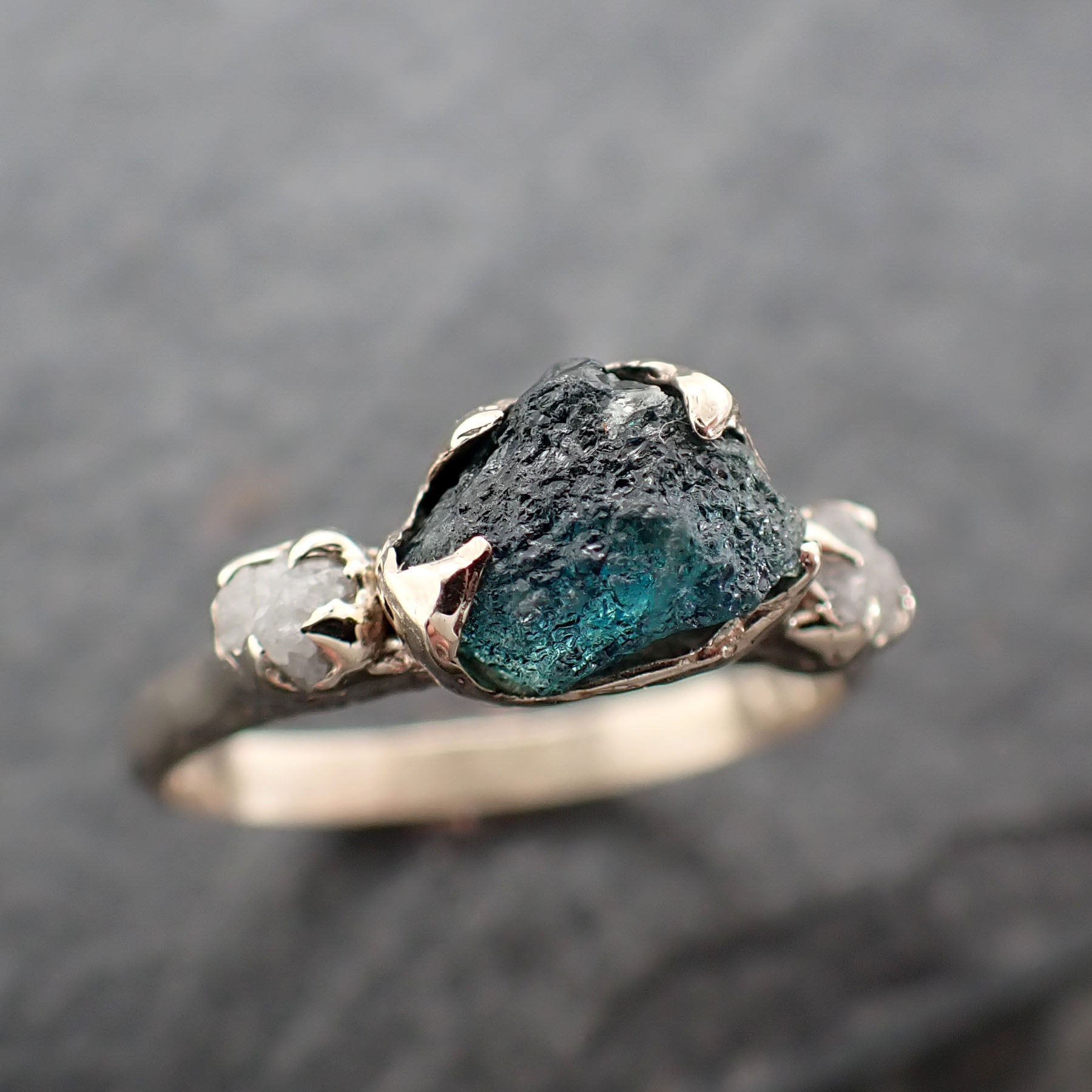 Raw blue Montana Sapphire Diamond White 18k Gold Engagement Wedding Ring Custom One Of a Kind Gemstone Multi stone Ring 2432