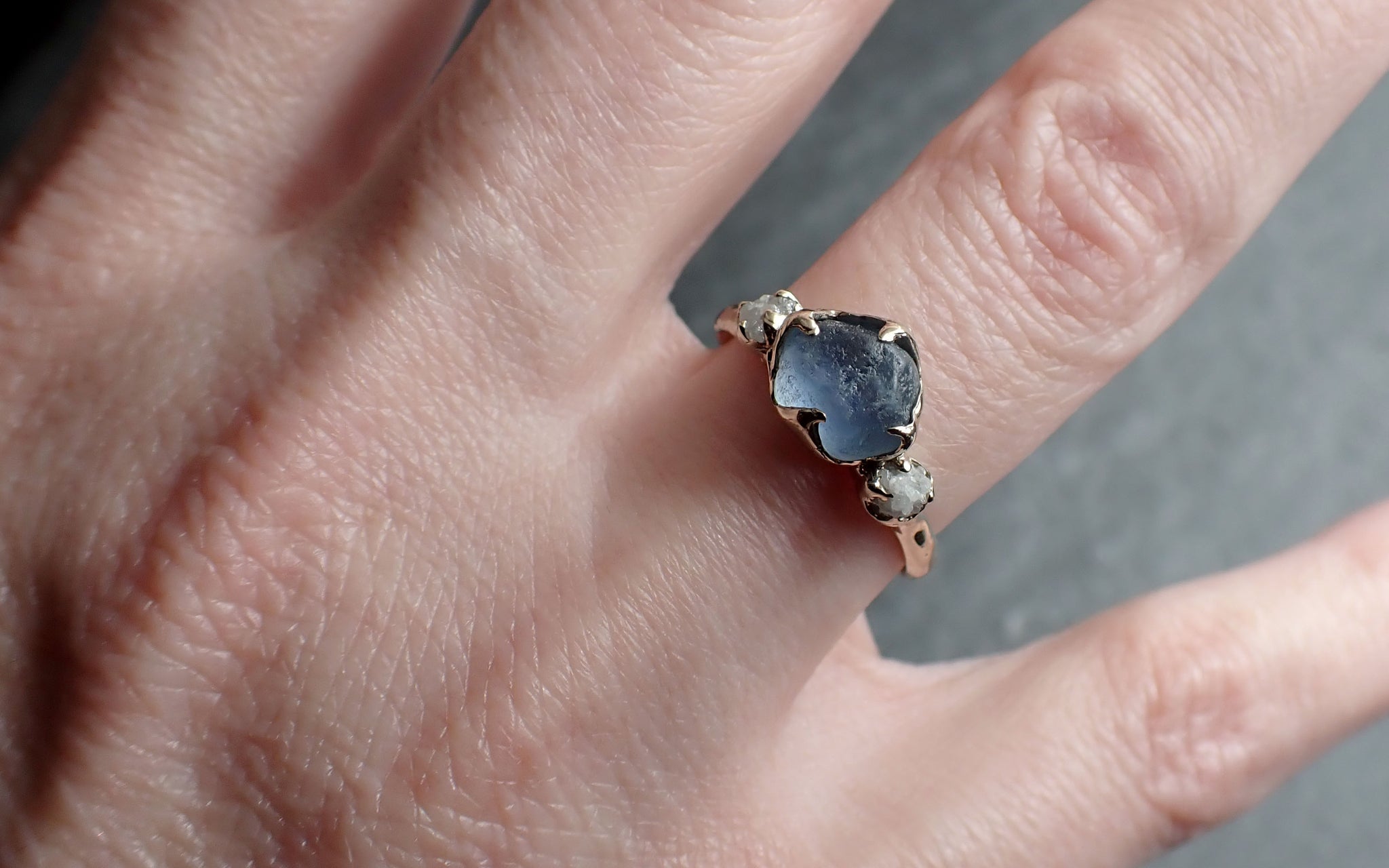 Raw blue Montana Sapphire Diamond White 18k Gold Engagement Wedding Ring Custom One Of a Kind Gemstone Multi stone Ring 2433