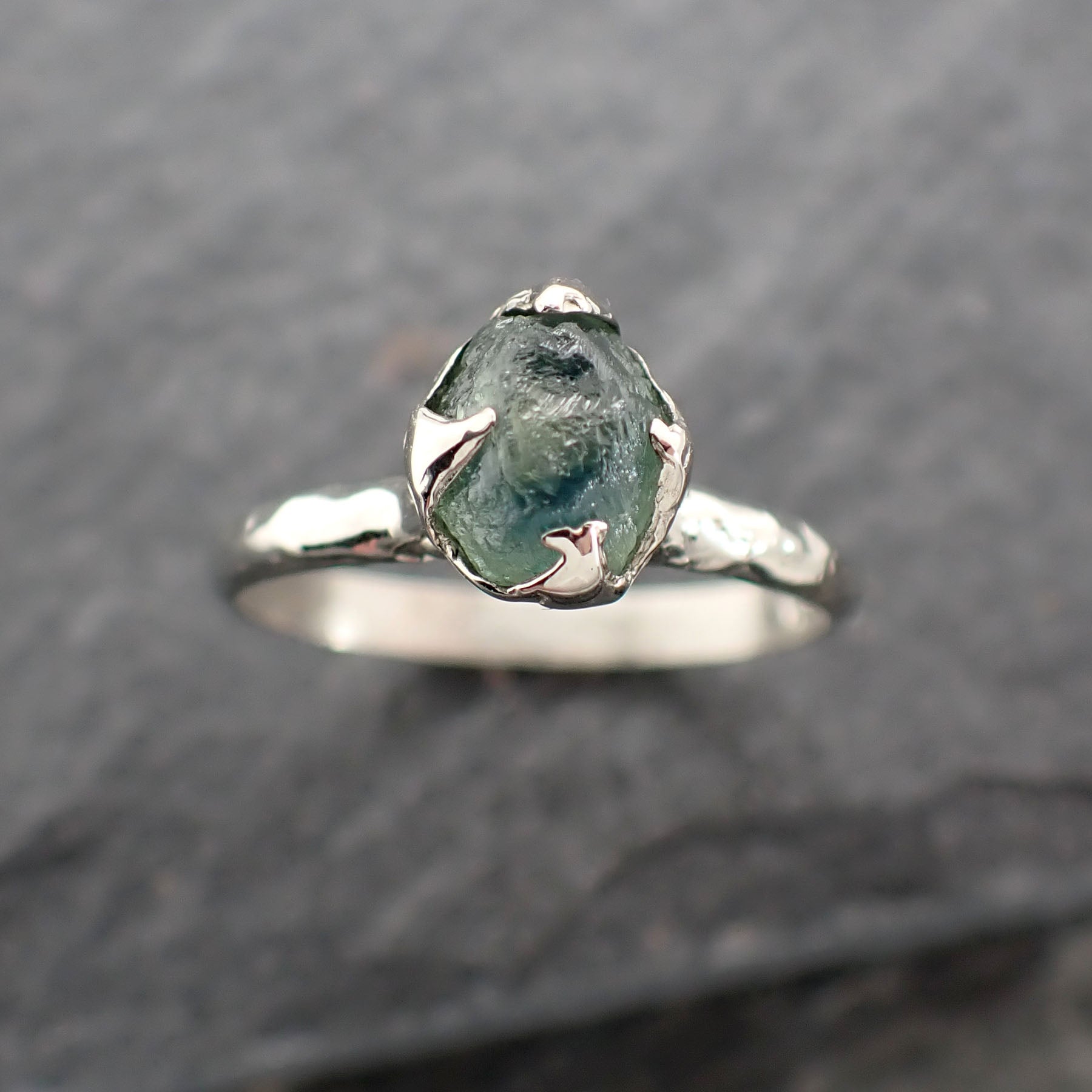 raw blue-green montana sapphire 18k white gold engagement ring wedding ring custom gemstone ring solitaire ring byangeline 2430 Alternative Engagement