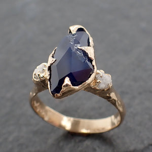 Partially faceted dark blue Sapphire and Diamonds 18k Yellow Gold Engagement Wedding Gemstone Multi stone Ring 2442