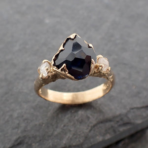 Partially faceted dark blue Sapphire and fancy Diamonds 18k Yellow Gold Engagement Wedding Gemstone Multi stone Ring 2440