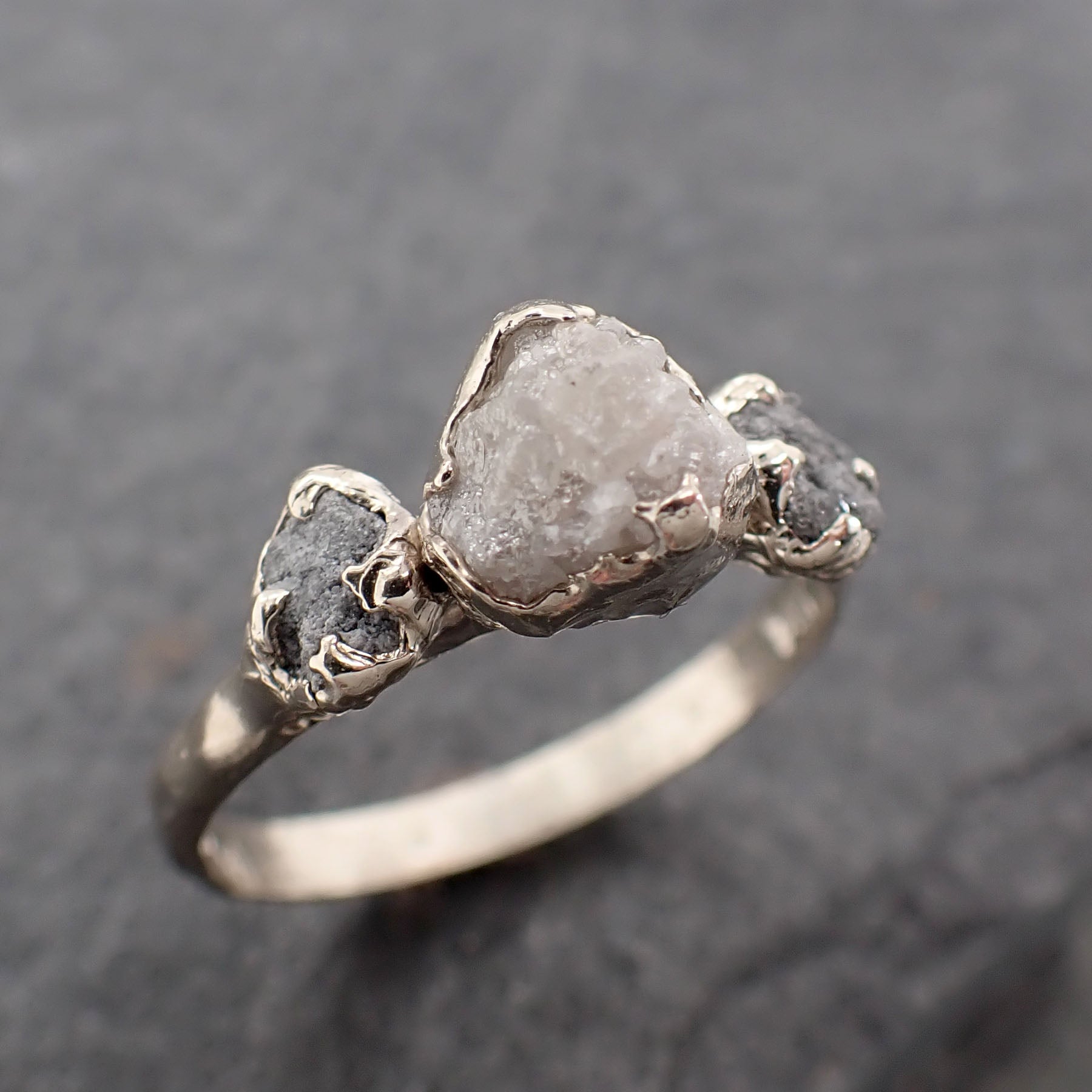 Diamond white 14k gold Engagement Multi stone Three Ring Rough Gold Wedding Ring diamond Wedding Ring byAngeline C2446