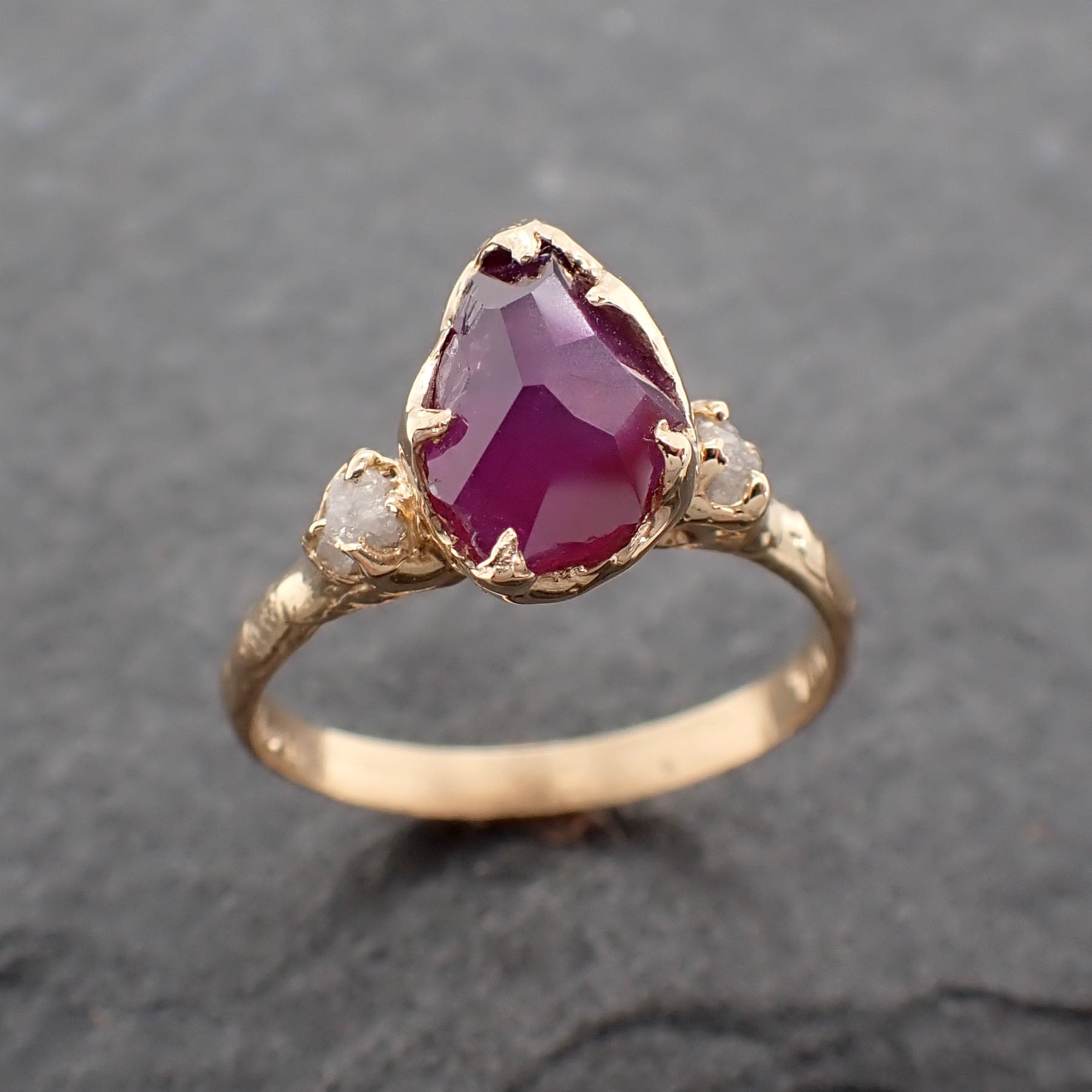 Partially faceted sapphire gemstone Raw Rough Diamond 18k Yellow Gold Engagement ring multi stone 2437