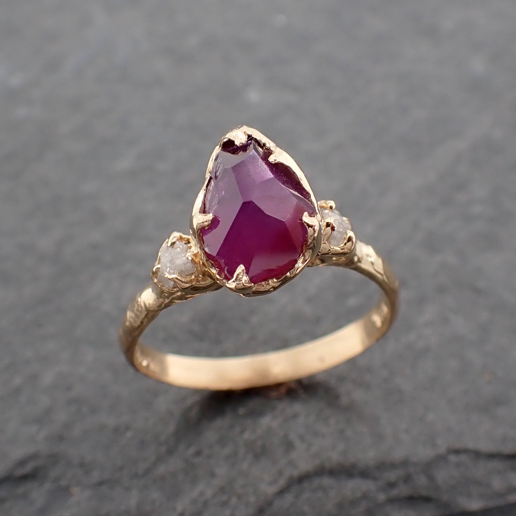 Partially faceted sapphire gemstone Raw Rough Diamond 18k Yellow Gold Engagement ring multi stone 2437