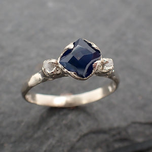 partially faceted dainty sapphire diamond 14k white gold engagement ring wedding ring blue gemstone ring multi stone ring 2444 Alternative Engagement