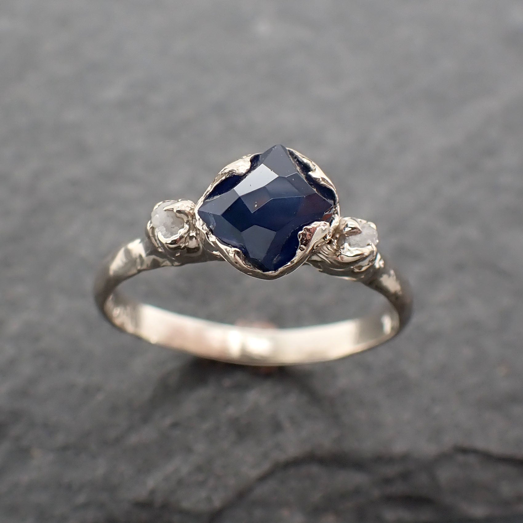 Partially faceted Dainty Sapphire Diamond 14k White Gold Engagement Ring Wedding Ring blue Gemstone Ring Multi stone Ring 2444