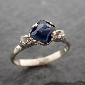 partially faceted dainty sapphire diamond 14k white gold engagement ring wedding ring blue gemstone ring multi stone ring 2444 Alternative Engagement