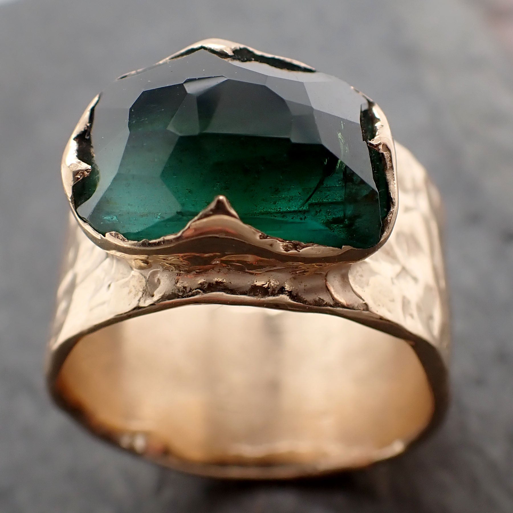 Partially Faceted Green Tourmaline 18k Yellow Gold Gemstone Solitaire Cigar statement ring 3266