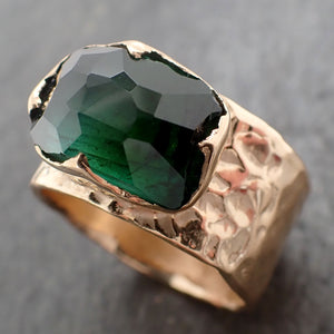 Partially Faceted Green Tourmaline 18k Yellow Gold Gemstone Solitaire Cigar statement ring 3266