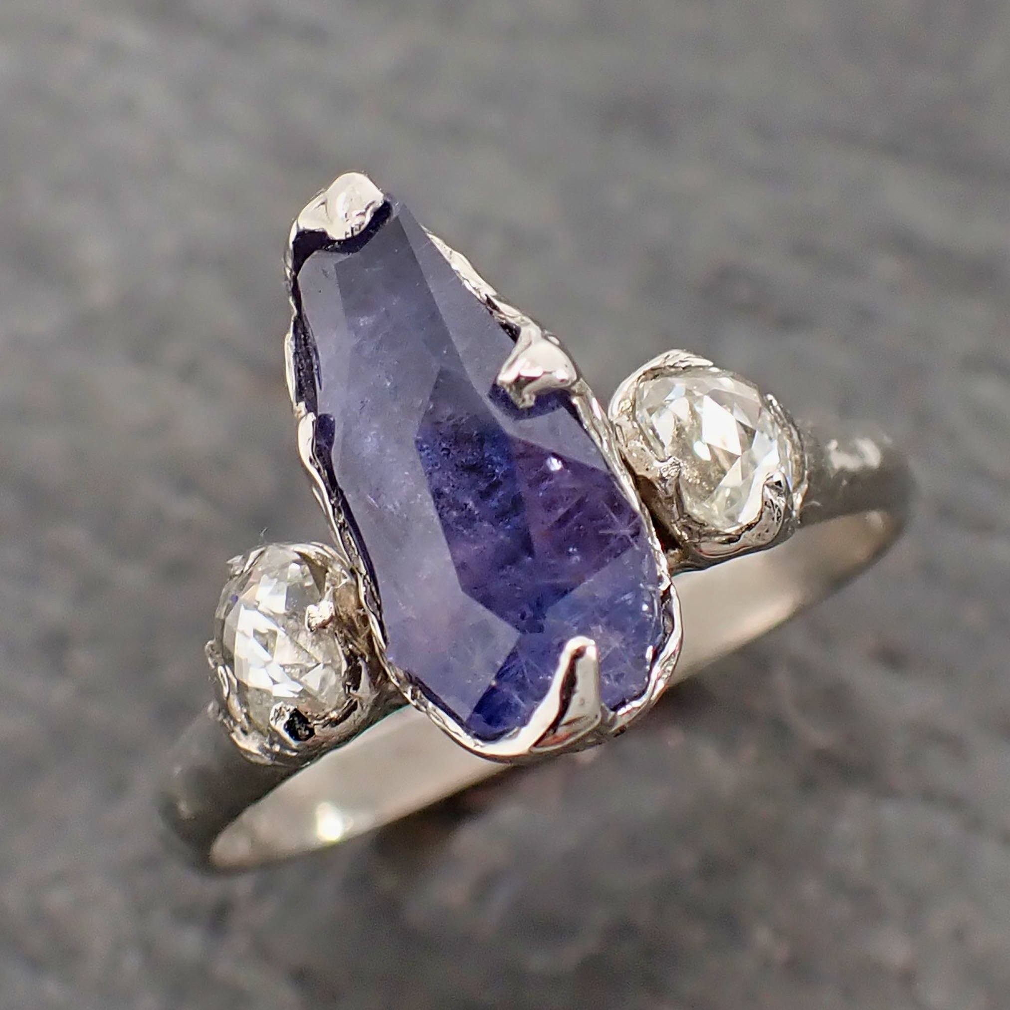 Partially Faceted Purple Sapphire side diamonds Multi stone 14k White Gold Engagement Ring Wedding Ring Custom Gemstone Ring 2161