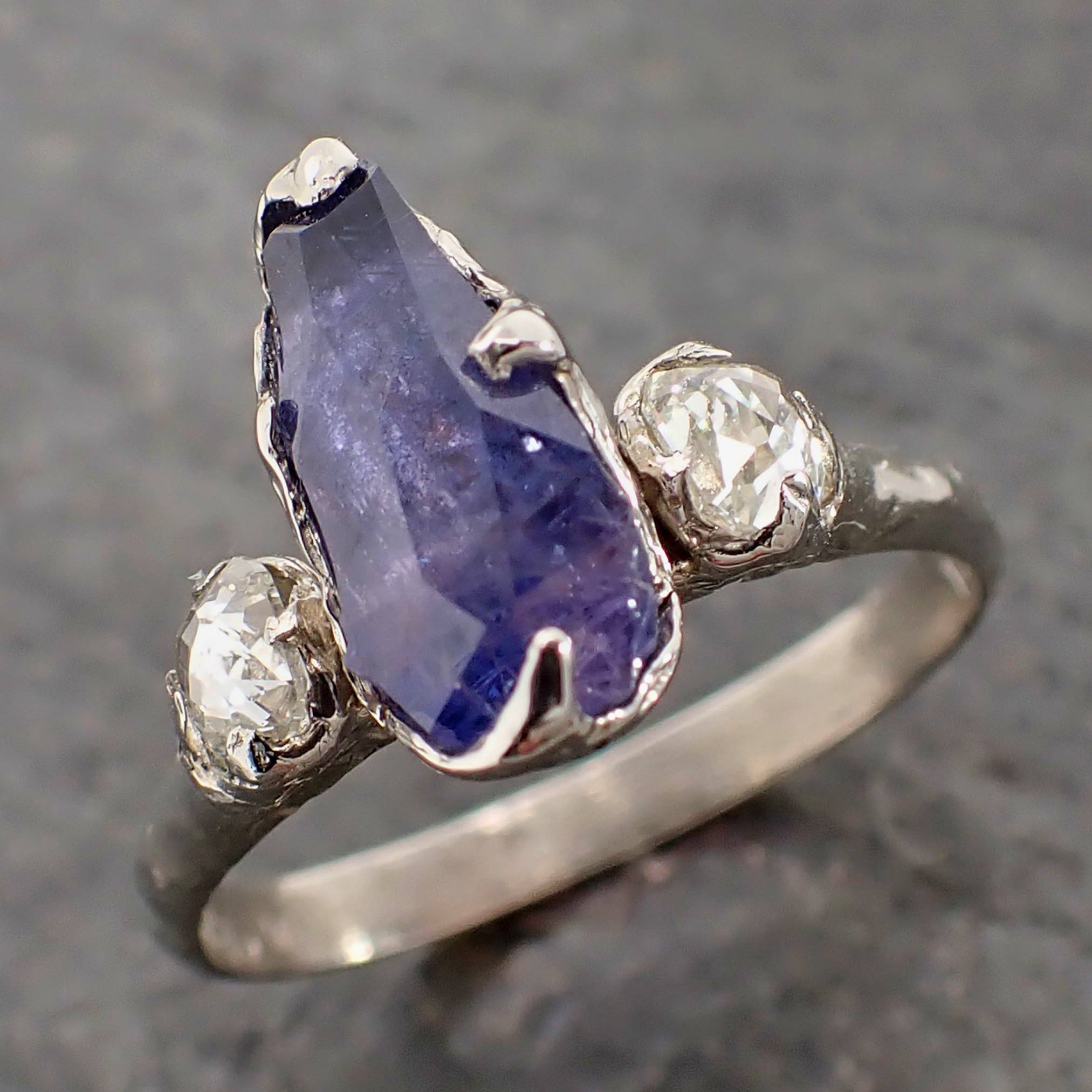 Partially Faceted Purple Sapphire side diamonds Multi stone 14k White Gold Engagement Ring Wedding Ring Custom Gemstone Ring 2161