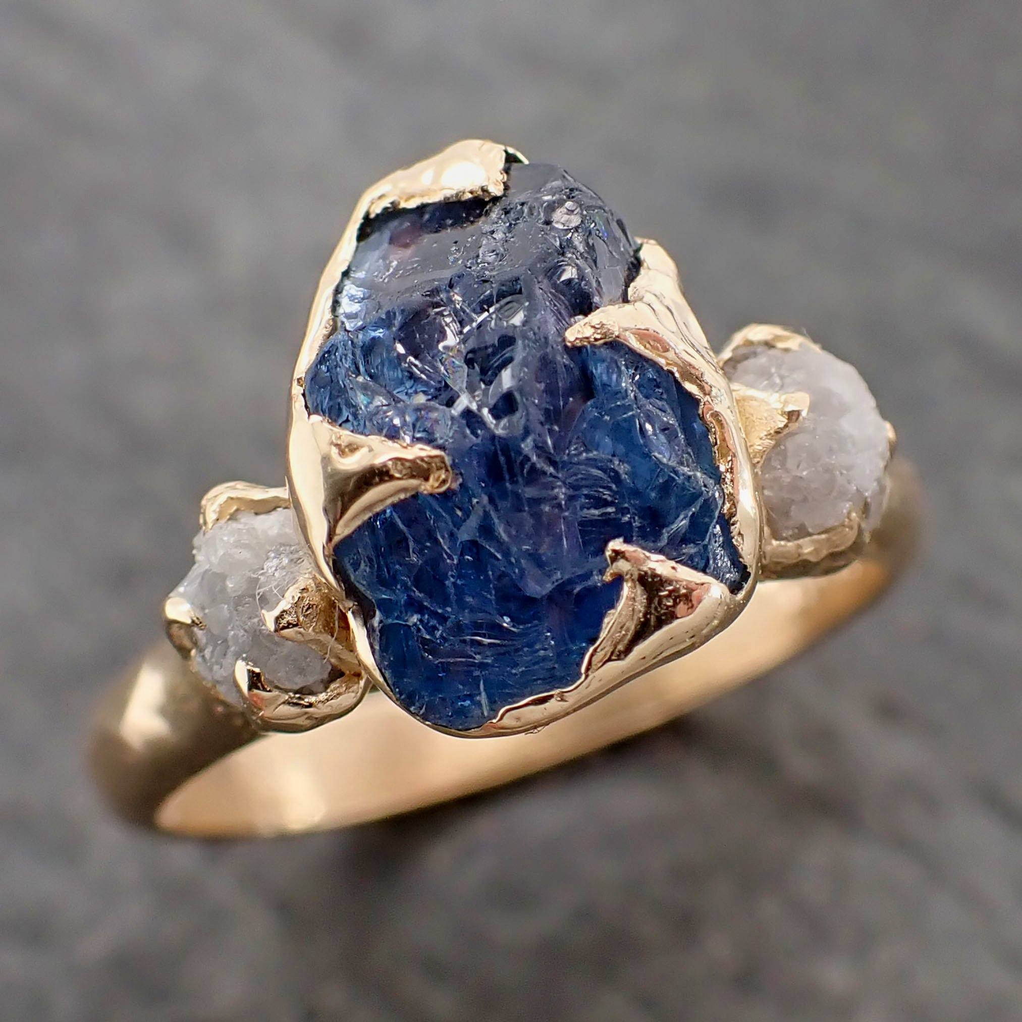 raw sapphire and rough diamond yellow 14k gold engagement ring wedding ring custom one of a kind gemstone multi stone ring 2156 Alternative Engagement