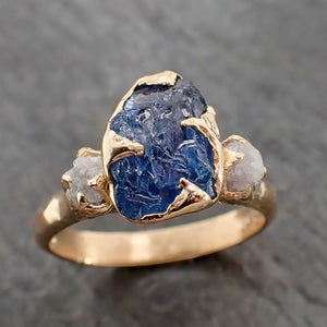 raw sapphire and rough diamond yellow 14k gold engagement ring wedding ring custom one of a kind gemstone multi stone ring 2156 Alternative Engagement