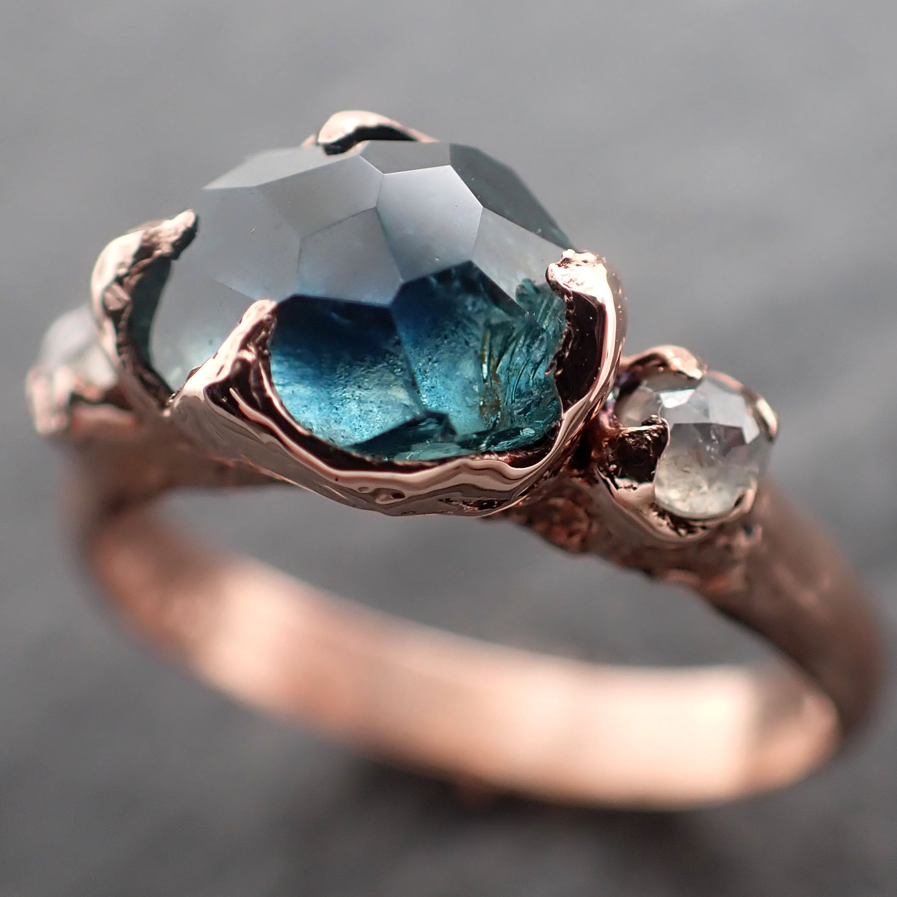 Partially faceted blue Montana Sapphire and fancy Diamonds 14k Rose Gold Engagement Wedding Ring Gemstone Ring Multi stone Ring 2453