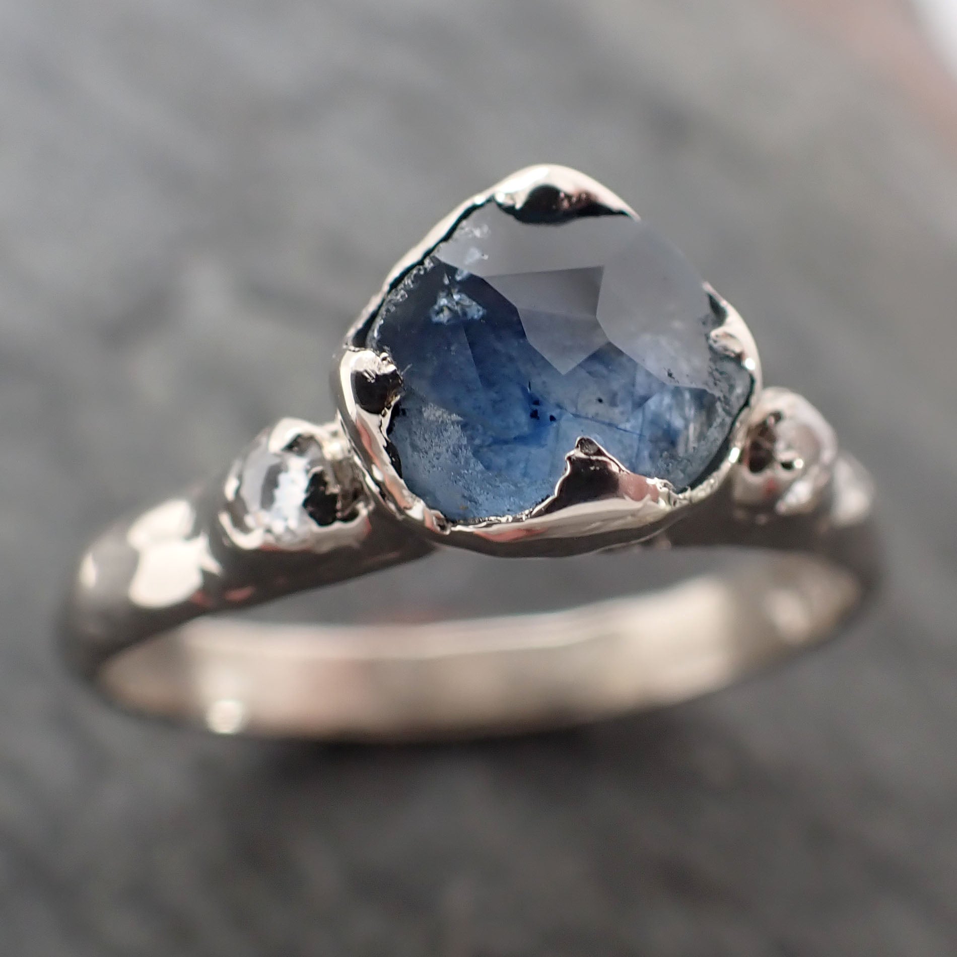 Partially faceted blue Montana Sapphire and fancy Diamonds 14k White Gold Engagement Wedding Ring Custom Gemstone Ring Multi stone Ring 2830