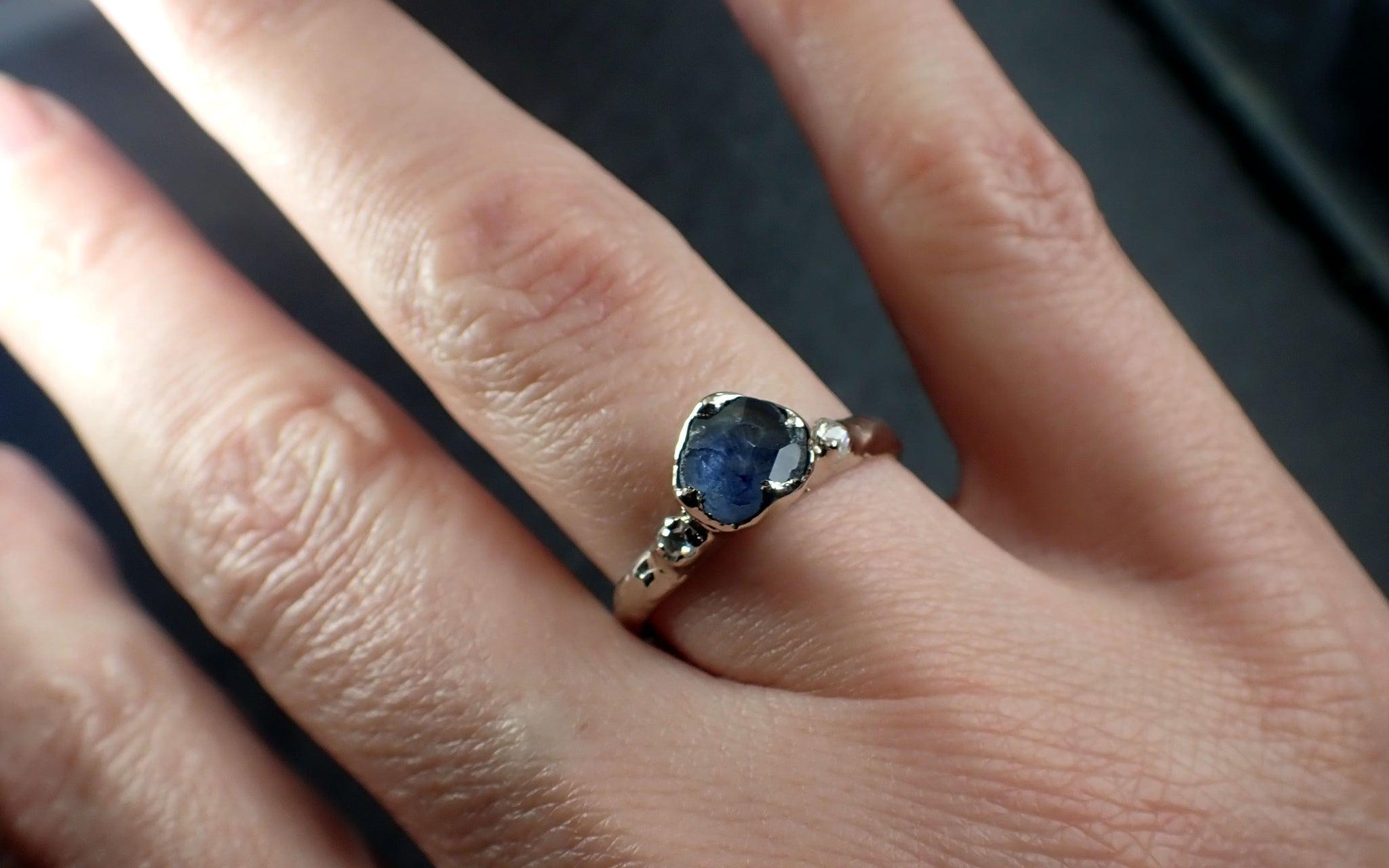 partially faceted blue montana sapphire and fancy diamonds 14k white gold engagement wedding ring custom gemstone ring multi stone ring 2830 Alternative Engagement