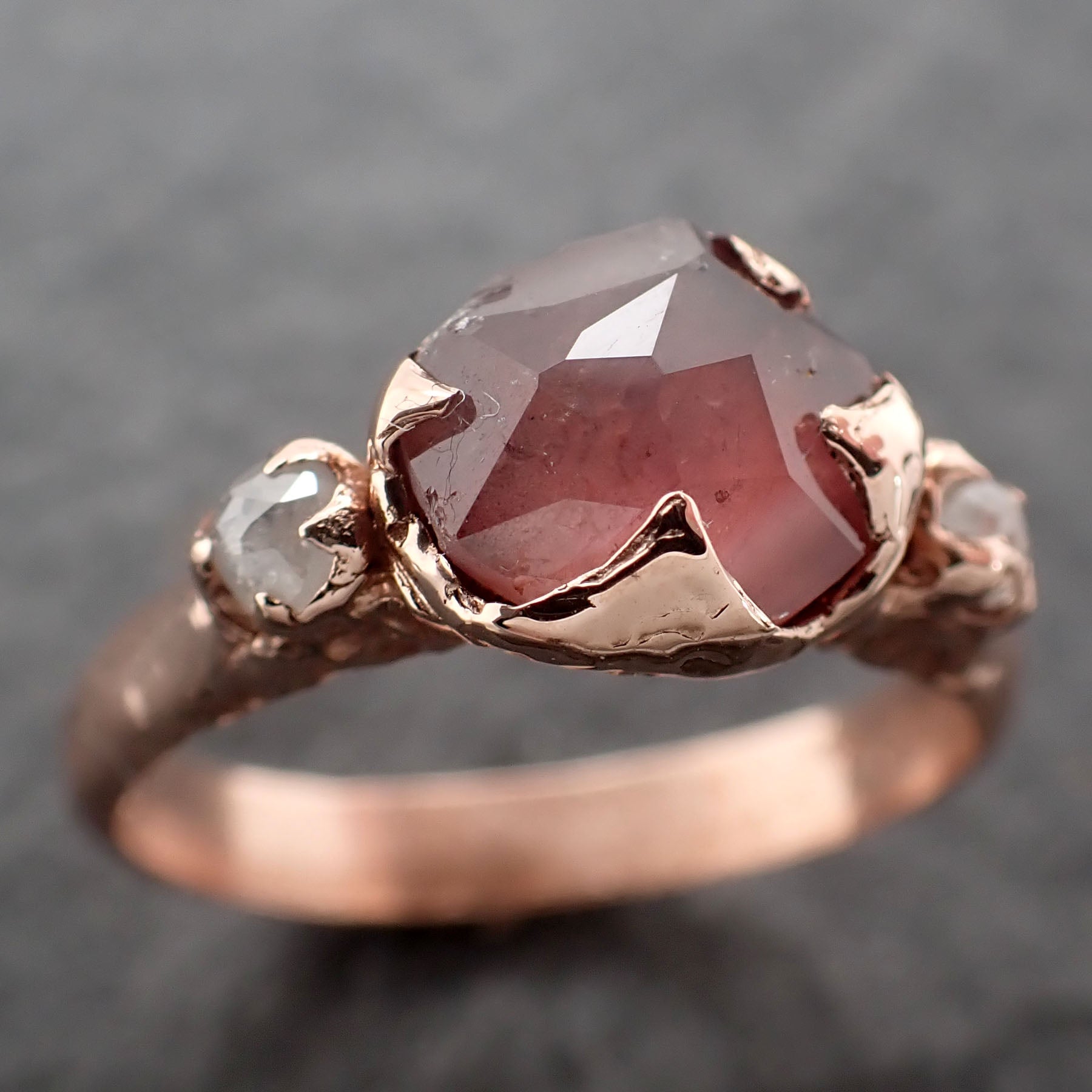 Partially faceted Pink Sapphire gemstone Fancy cut Diamond 14k Rose Gold Engagement multi stone 2454