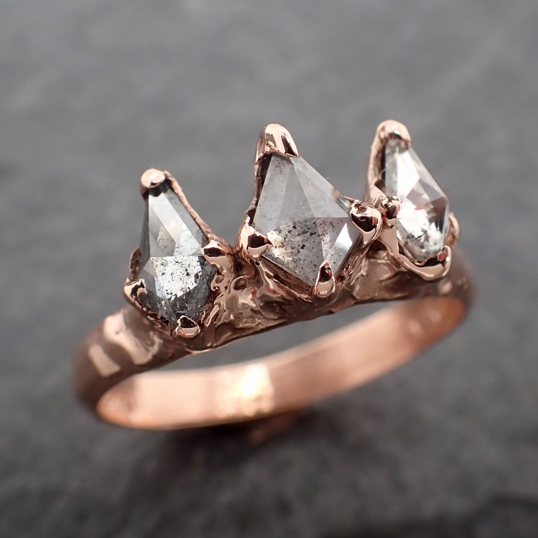 crown style faceted fancy cut diamond engagement 14k rose gold multi stone wedding ring byangeline 2455 Alternative Engagement