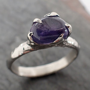 Sapphire Purple tumbled polished 14k White gold Solitaire gemstone ring 2849