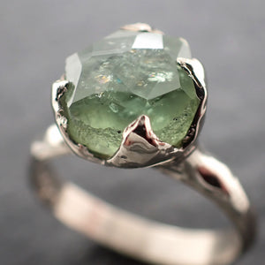 Partially Faceted Green Sapphire Solitaire 14k white Gold Engagement Ring cocktail statement OOAK Gemstone Ring 2464