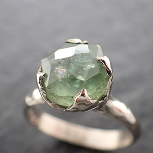 Partially Faceted Green Sapphire Solitaire 14k white Gold Engagement Ring cocktail statement OOAK Gemstone Ring 2464