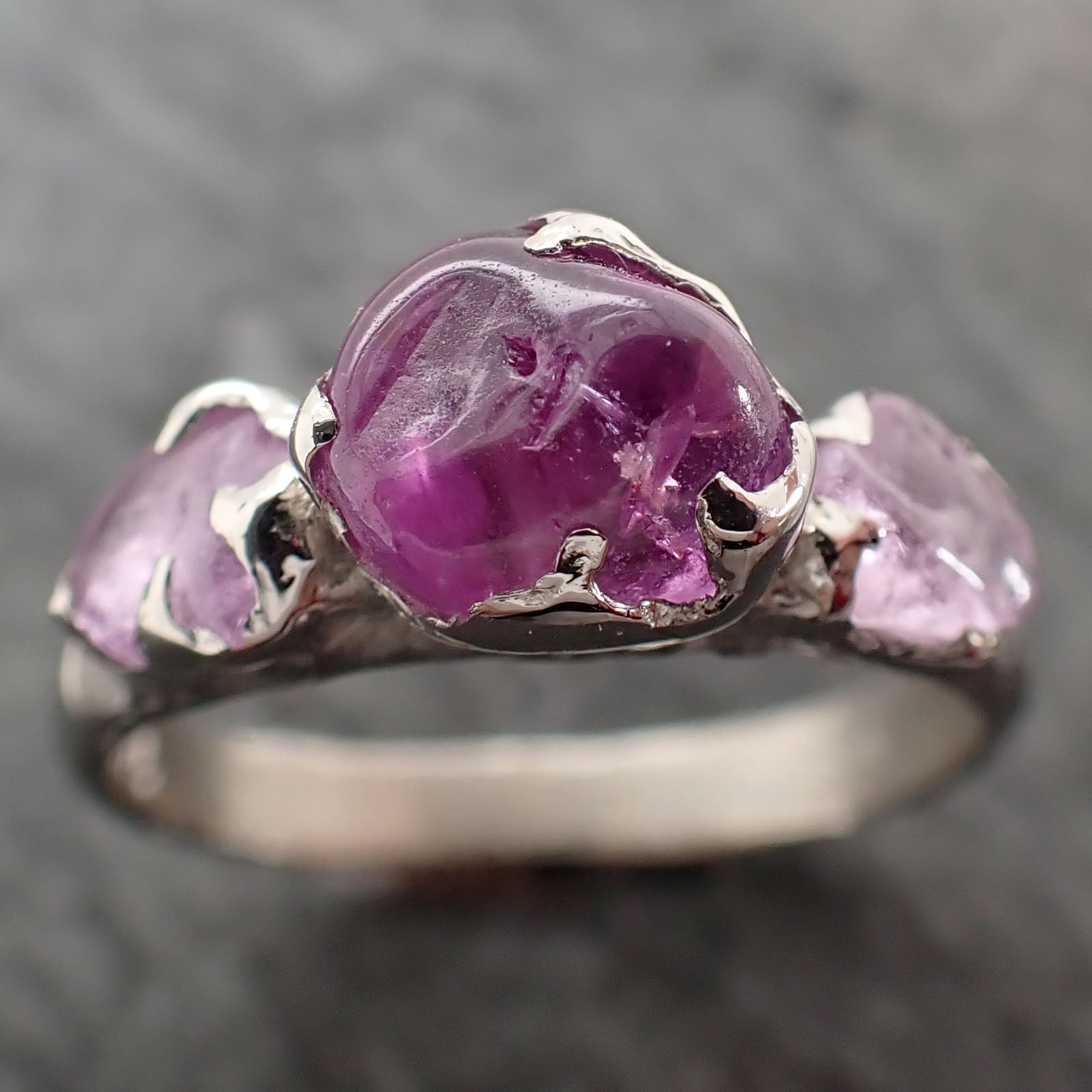 Pink Sapphire tumbled polished White 14k gold multi stone gemstone ring 2861