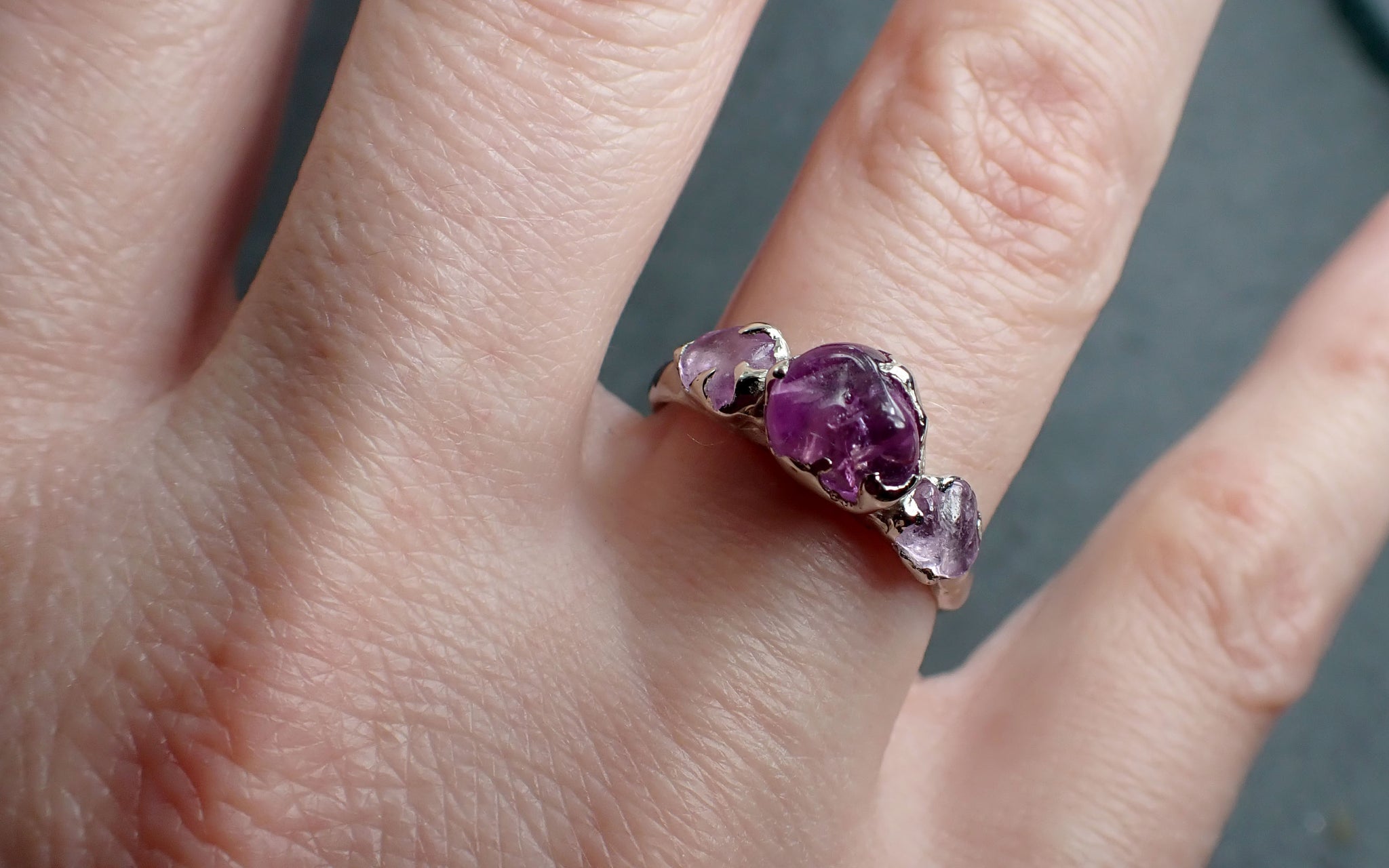 Pink Sapphire tumbled polished White 14k gold multi stone gemstone ring 2861